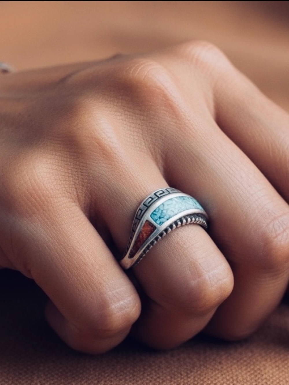 SHUBES NAVAJO VINTAGE TURQUOISE & CORAL STERLING RING IN EX COND SZ 7 FIRM